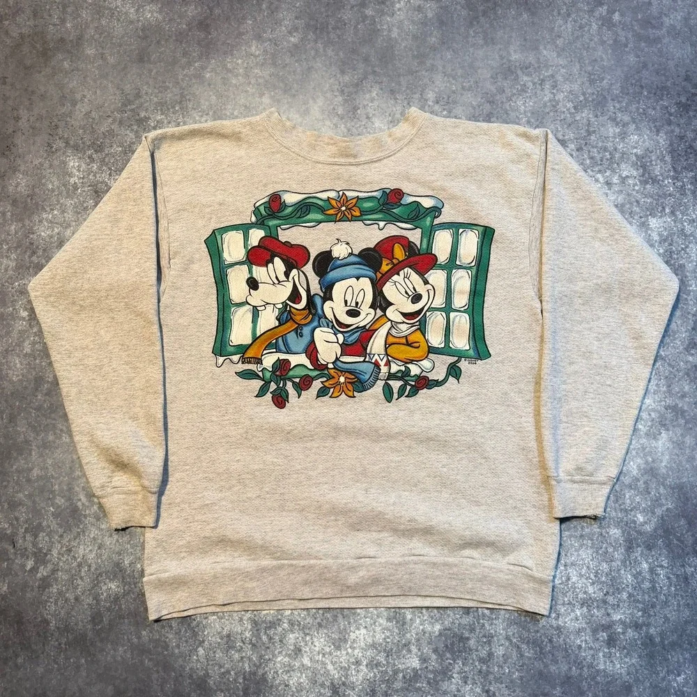 Vintage Mickey Disney Winter Christmas Sweatshirt Mickey Minnie Goofy Medium‎